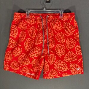 Speedo Mens Swim Trunks XXL Red Leaf Print Board Shorts Drawstring